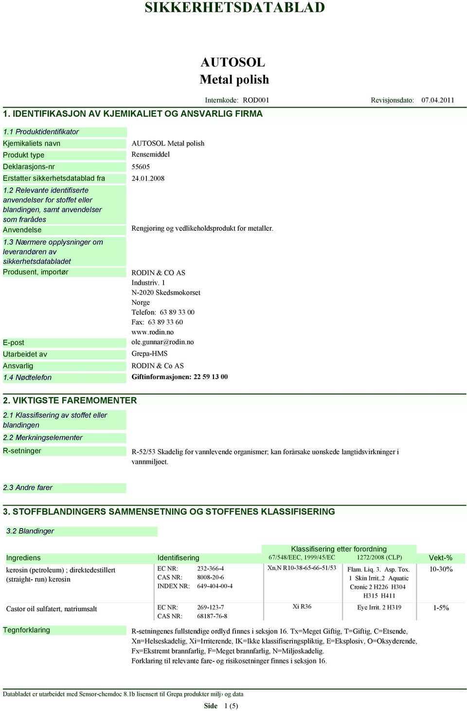 3 Nærmere opplysninger om leverandøren av sikkerhetsdatabladet Produsent, importør E-post Utarbeidet av Ansvarlig Rengjøring og vedlikeholdsprodukt for metaller. RODIN & CO AS Industriv.