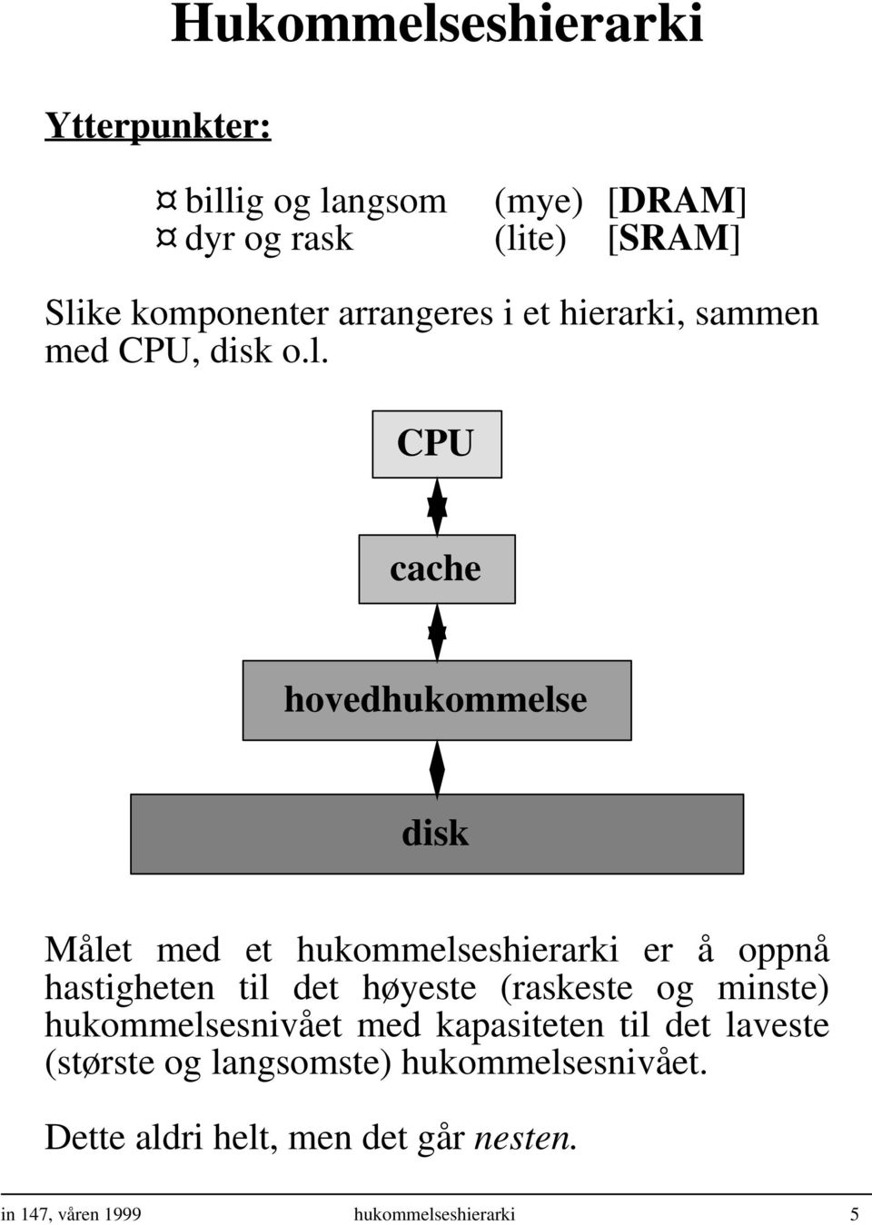 CPU cache hovedhukommelse disk Målet med et hukommelseshierarki er å oppnå hastigheten til det høyeste (raskeste