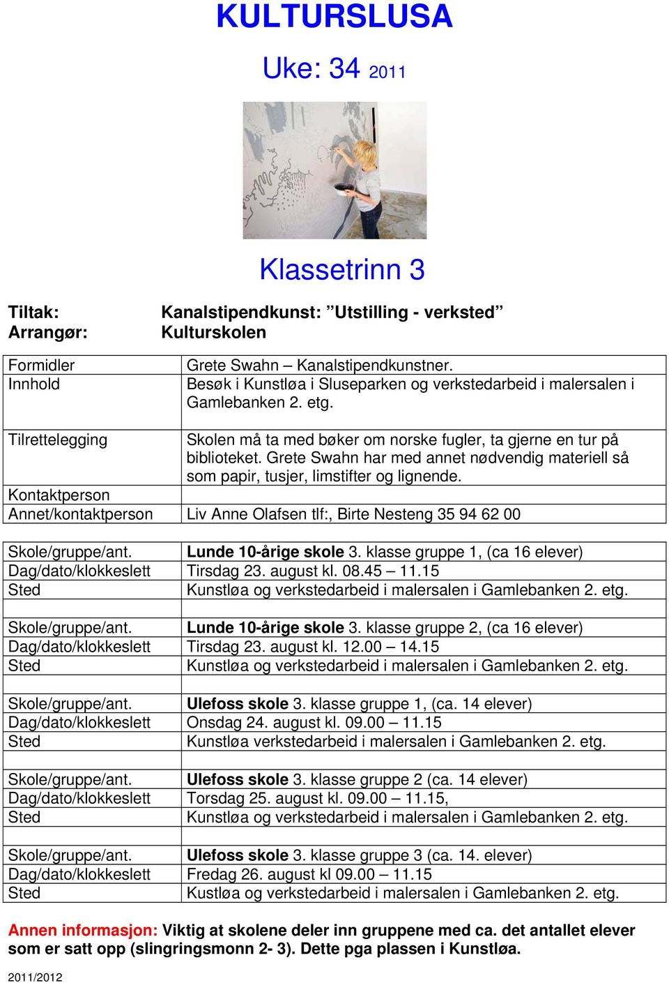 Grete Swahn har med annet nødvendig materiell så som papir, tusjer, limstifter og lignende. Kontaktperson Annet/kontaktperson Liv Anne Olafsen tlf:, Birte Nesteng 35 94 62 00 /ant.