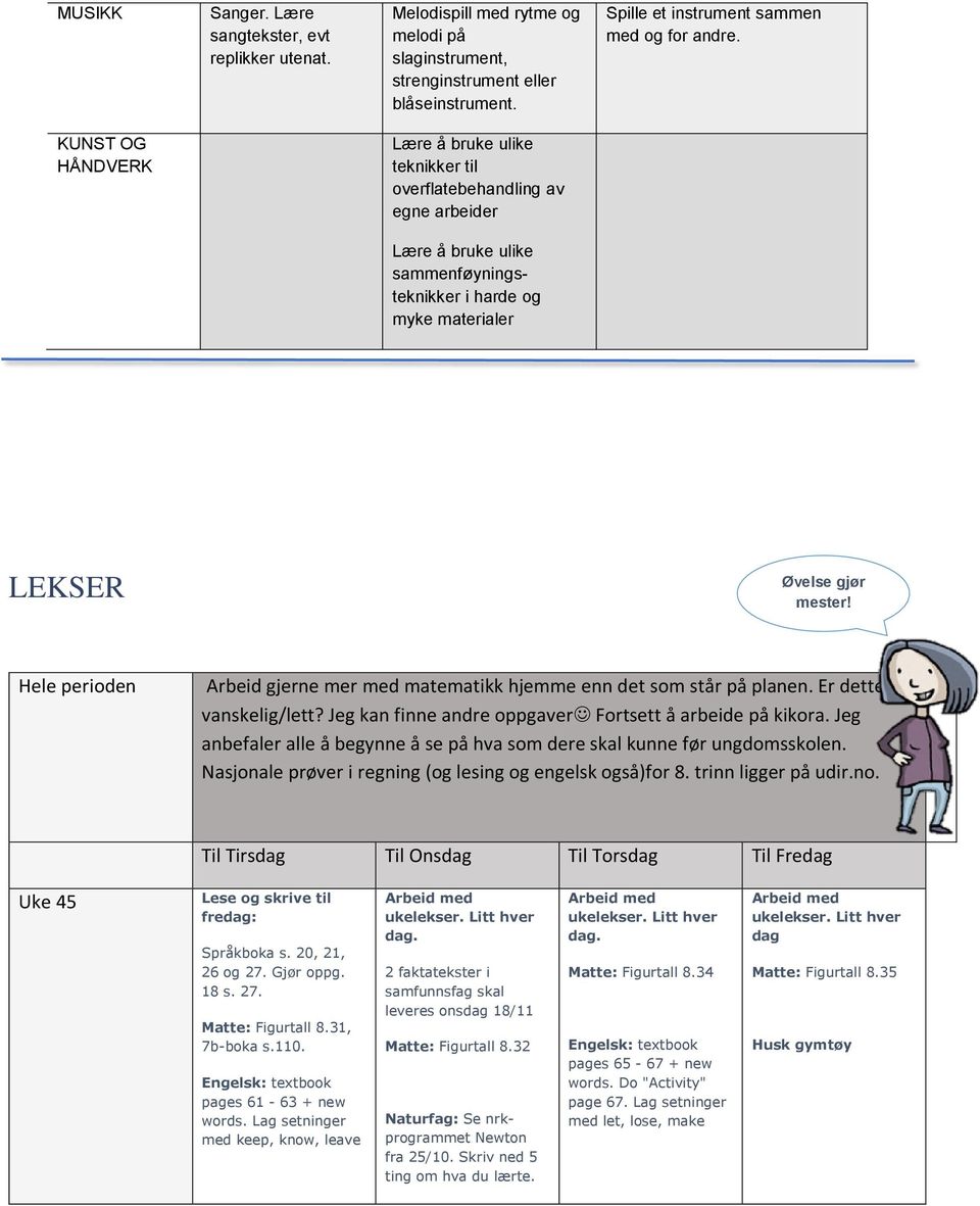 Hele perioden Arbeid gjerne mer med matematikk hjemme enn det som står på planen. r dette for vanskelig/lett? Jeg kan finne andre oppgaver Fortsett å arbeide på kikora.