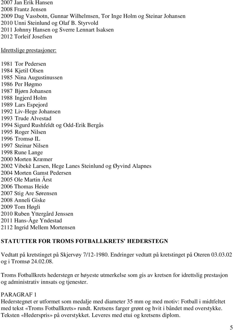 1988 Ingjerd Holm 1989 Lars Espejord 1992 Liv-Hege Johansen 1993 Trude Alvestad 1994 Sigurd Rushfeldt og Odd-Erik Bergås 1995 Roger Nilsen 1996 Tromsø IL 1997 Steinar Nilsen 1998 Rune Lange 2000