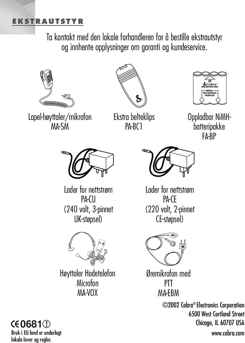 UK-støpsel) Lader for nettstrøm PA-CE (220 volt, 2-pinnet CE-støpsel) 0681! Bruk i EU-land er underlagt lokale lover og regler.