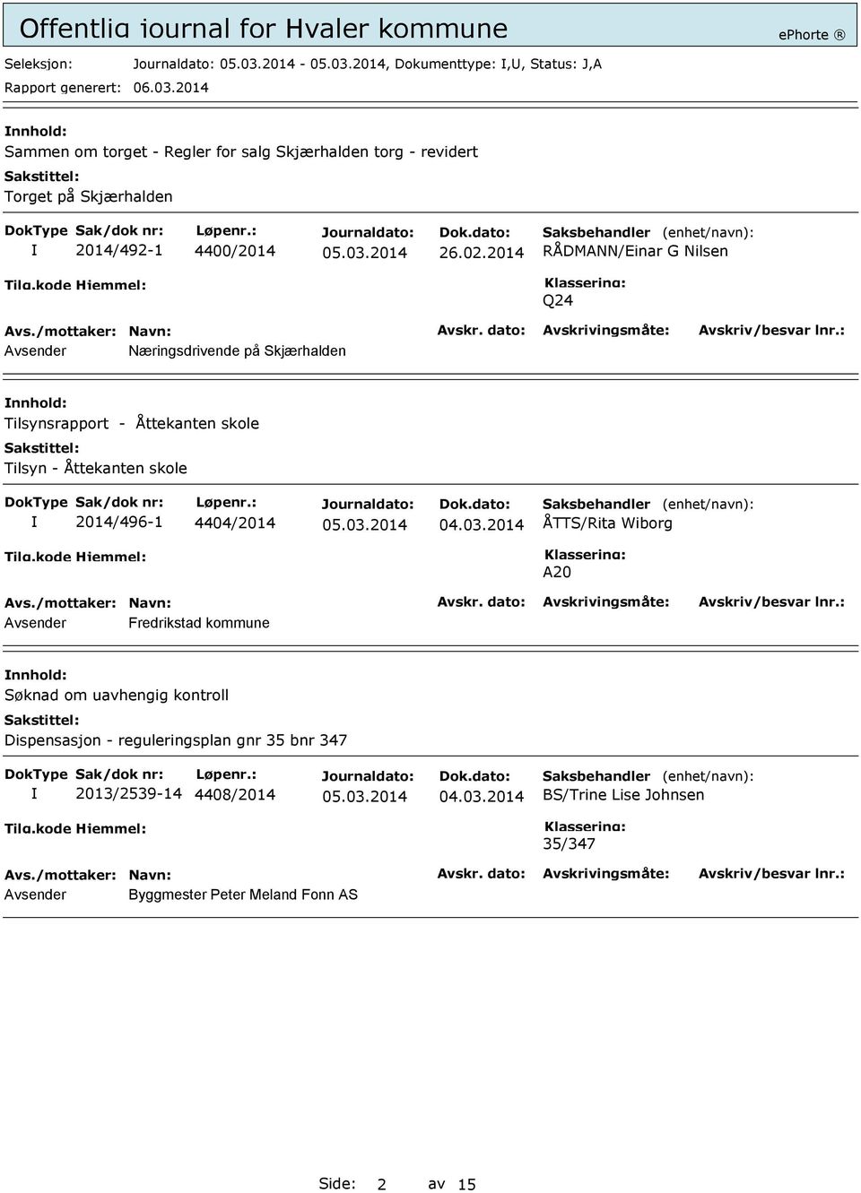 2014 RÅDMANN/Einar G Nilsen Q24 Avsender Næringsdrivende på Skjærhalden nnhold: Tilsynsrapport - Åttekanten skole Tilsyn - Åttekanten