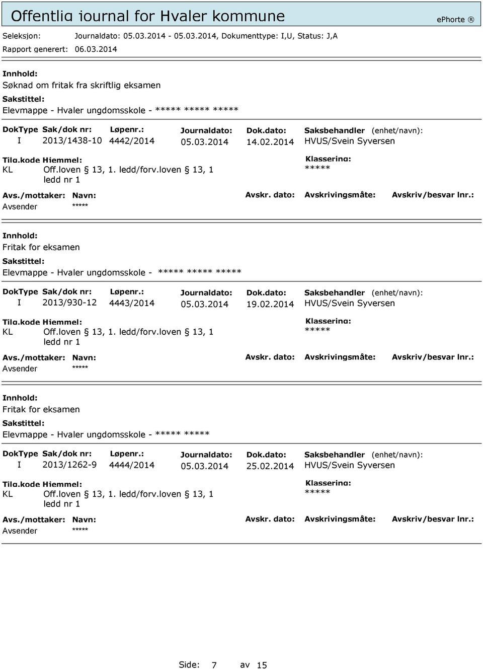 2014 HVUS/Svein Syversen nnhold: Fritak for eksamen Elevmappe - Hvaler ungdomsskole - 2013/930-12