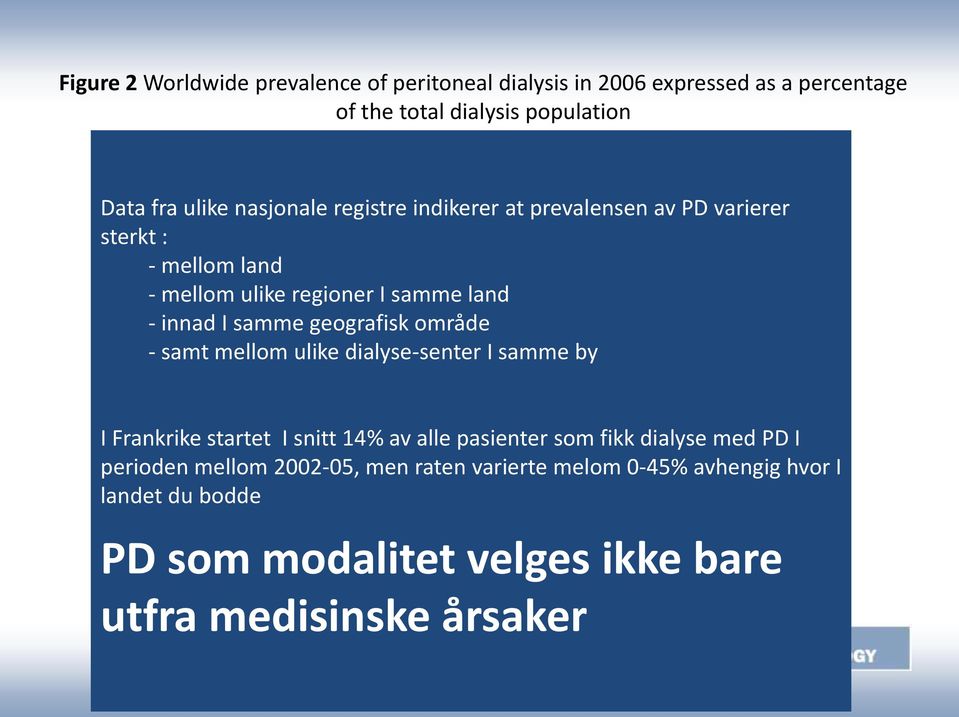 snitt 14% av alle pasienter som fikk dialyse med PD I perioden mellom 2002-05, men raten varierte melom 0-45% avhengig hvor I landet du bodde PD som modalitet velges ikke bare