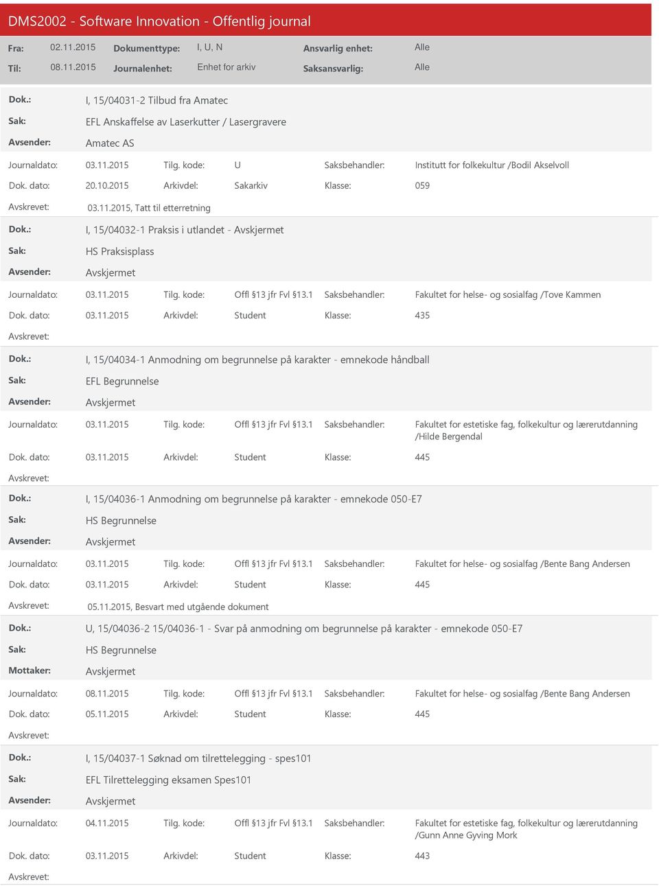 2015 Arkivdel: Student 435 I, 15/04034-1 Anmodning om begrunnelse på karakter - emnekode håndball EFL Begrunnelse /Hilde Bergendal Dok. dato: 03.11.