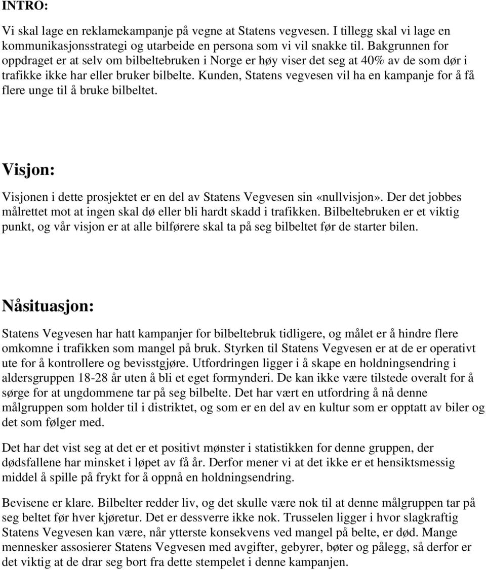Kunden, Statens vegvesen vil ha en kampanje for å få flere unge til å bruke bilbeltet. Visjon: Visjonen i dette prosjektet er en del av Statens Vegvesen sin «nullvisjon».