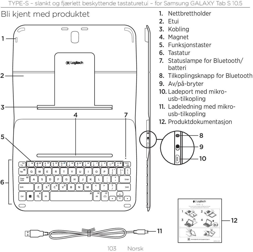 Nettbrettholder 2. Etui 3. Kobling 4. Magnet 5. Funksjonstaster 6. Tastatur 7. Statuslampe for Bluetooth/ batteri 8.