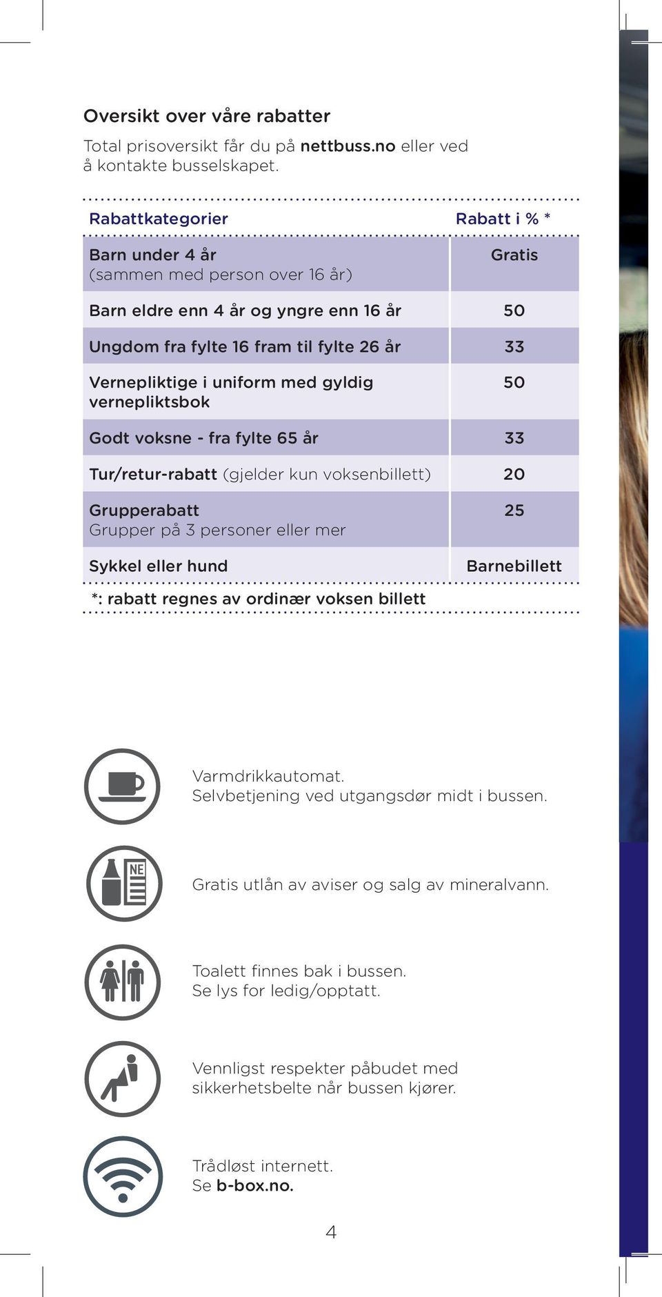 gyldig vernepliktsbok Bagasje Handicap WC kvinne og mann WC mann WC kvinne WC 50 S Godt voksne - fra fylte 65 år 33 Tur/retur-rabatt (gjelder kun voksenbillett) 20 Grupperabatt Barnevogn Ski