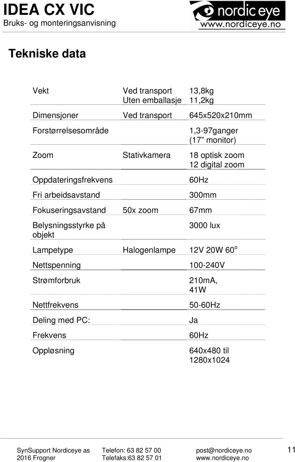 arbeidsavstand 60Hz 300mm Fokuseringsavstand 50x zoom 67mm Belysningsstyrke på objekt 3000 lux Lampetype Halogenlampe 12V