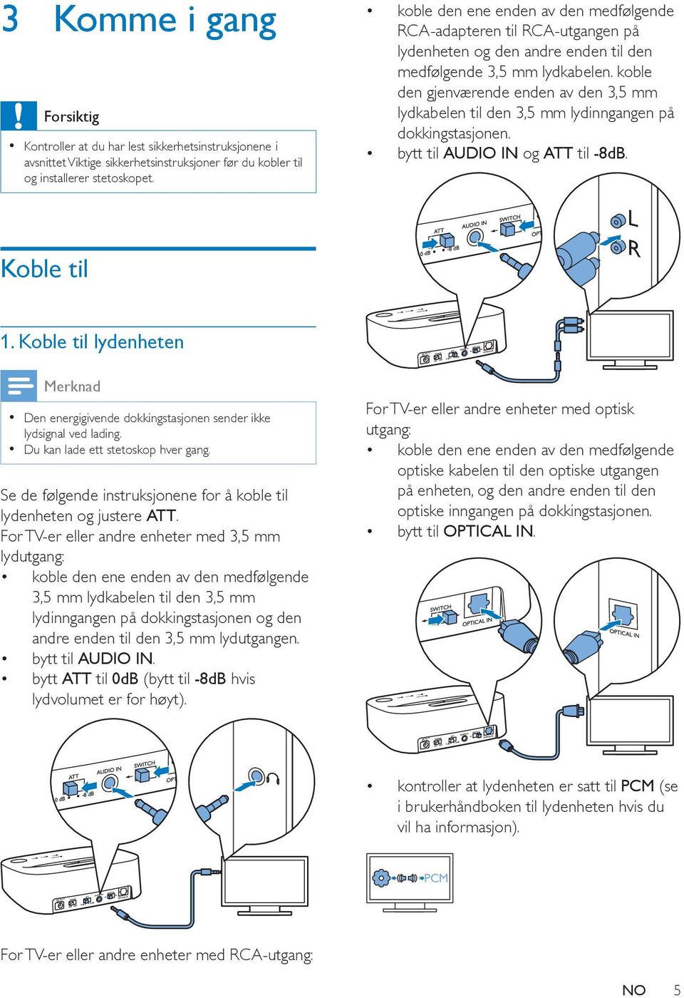 koble den gjenværende enden av den 3,5 mm lydkabelen til den 3,5 mm lydinngangen på dokkingstasjonen. bytt til AUDIO IN og ATT til -8dB. L R 1.