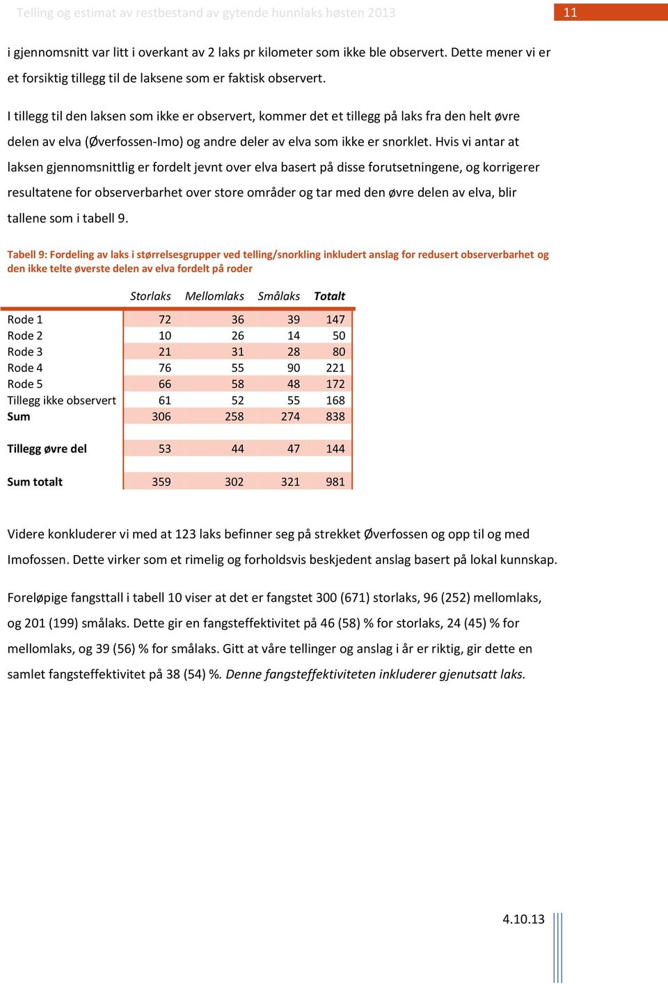 Hvis vi antar at laksen gjennomsnittlig er fordelt jevnt over elva basert på disse forutsetningene, og korrigerer resultatene for observerbarhet over store områder og tar med den øvre delen av elva,