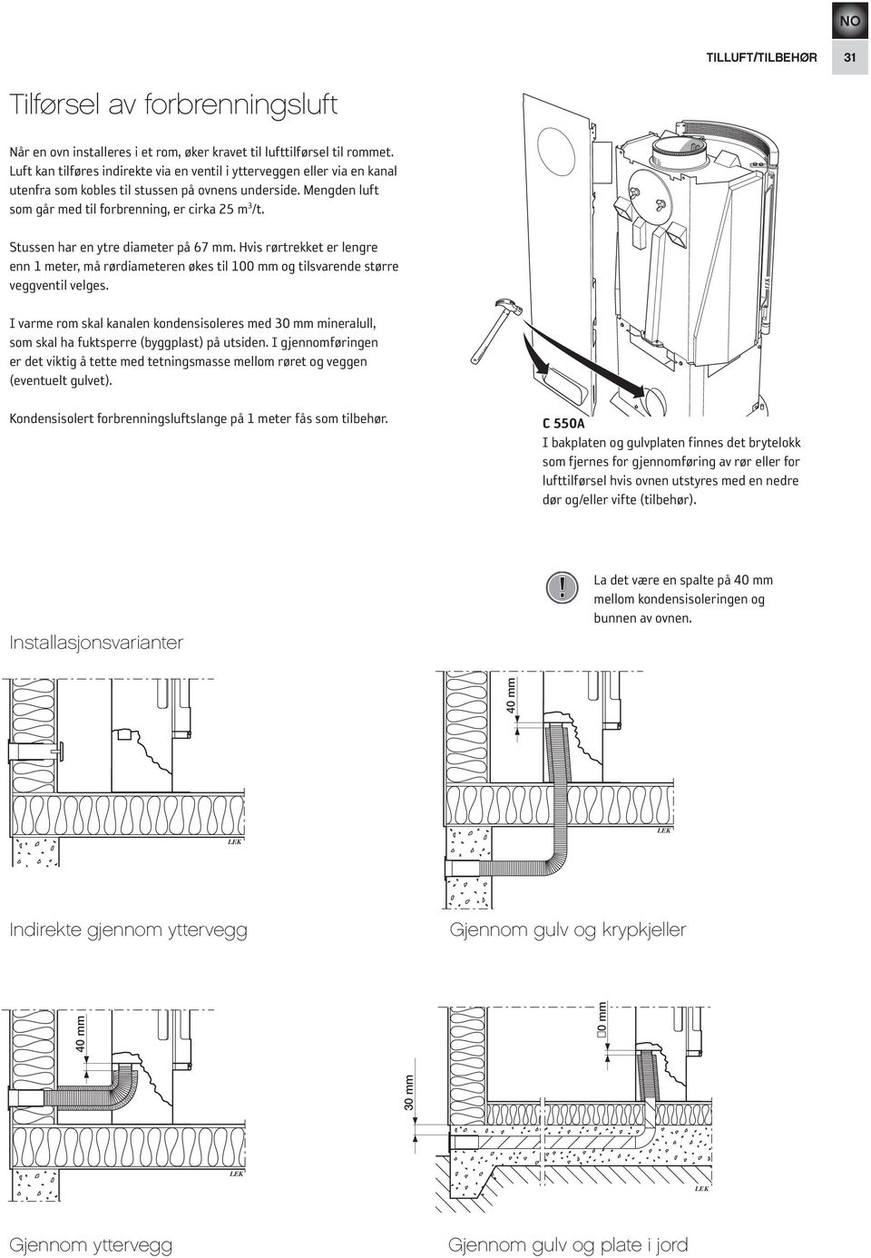 Stussen har en ytre diameter på 67 mm. Hvis rørtrekket er lengre enn 1 meter, må rørdiameteren økes til 100 mm og tilsvarende større veggventil velges.