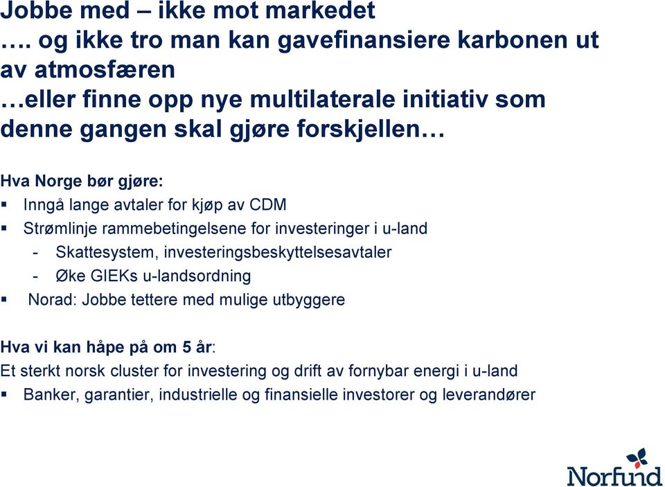 Hva Norge bør gjøre: Inngå lange avtaler for kjøp av CDM Strømlinje rammebetingelsene for investeringer i u-land - Skattesystem,
