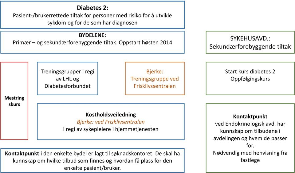 : Sekundærforebyggende tiltak Treningsgrupper i regi av LHL og Diabetesforbundet Bjerke: Treningsgruppe ved Frisklivssentralen Start kurs diabetes 2 Oppfølgingskurs Mestring skurs