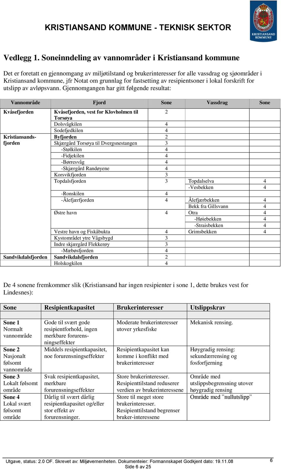 for fastsetting av resipientsoner i lokal forskrift for utslipp av avløpsvann.