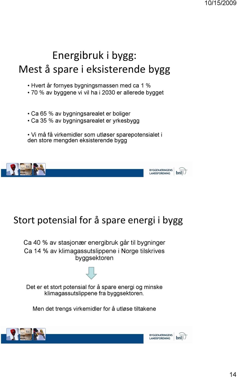 eksisterende bygg Stort potensial for å spare energi i bygg Ca 40 % av stasjonær energibruk går til bygninger Ca 14 % av klimagassutslippene i Norge