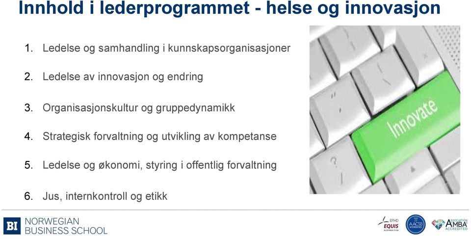 Ledelse av innovasjon og endring 3. Organisasjonskultur og gruppedynamikk 4.