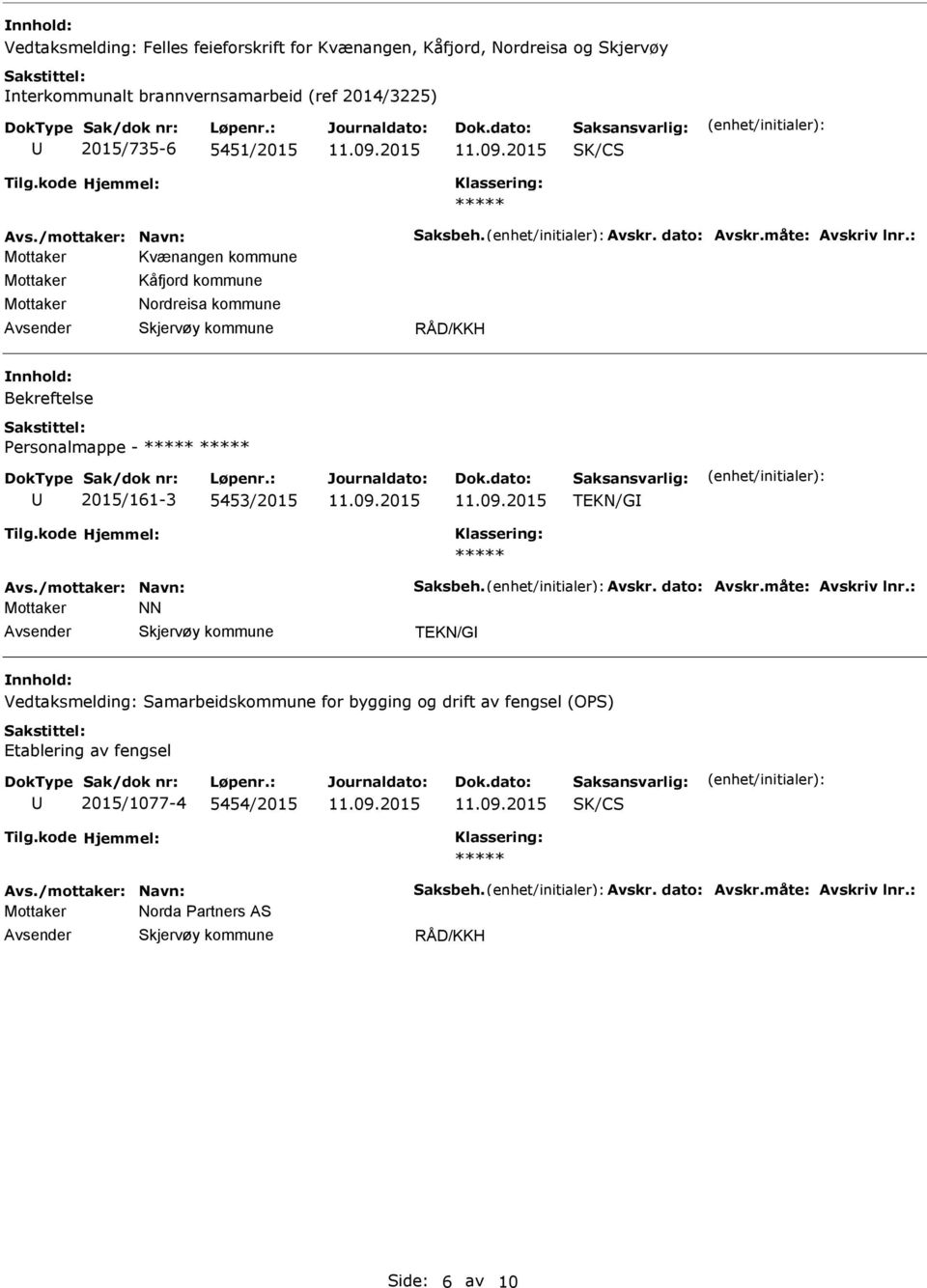 : Kvænangen kommune Kåfjord kommune Nordreisa kommune Bekreftelse Personalmappe - ***** ***** 2015/161-3 5453/2015 TEKN/G ***** : NN TEKN/G Vedtaksmelding: