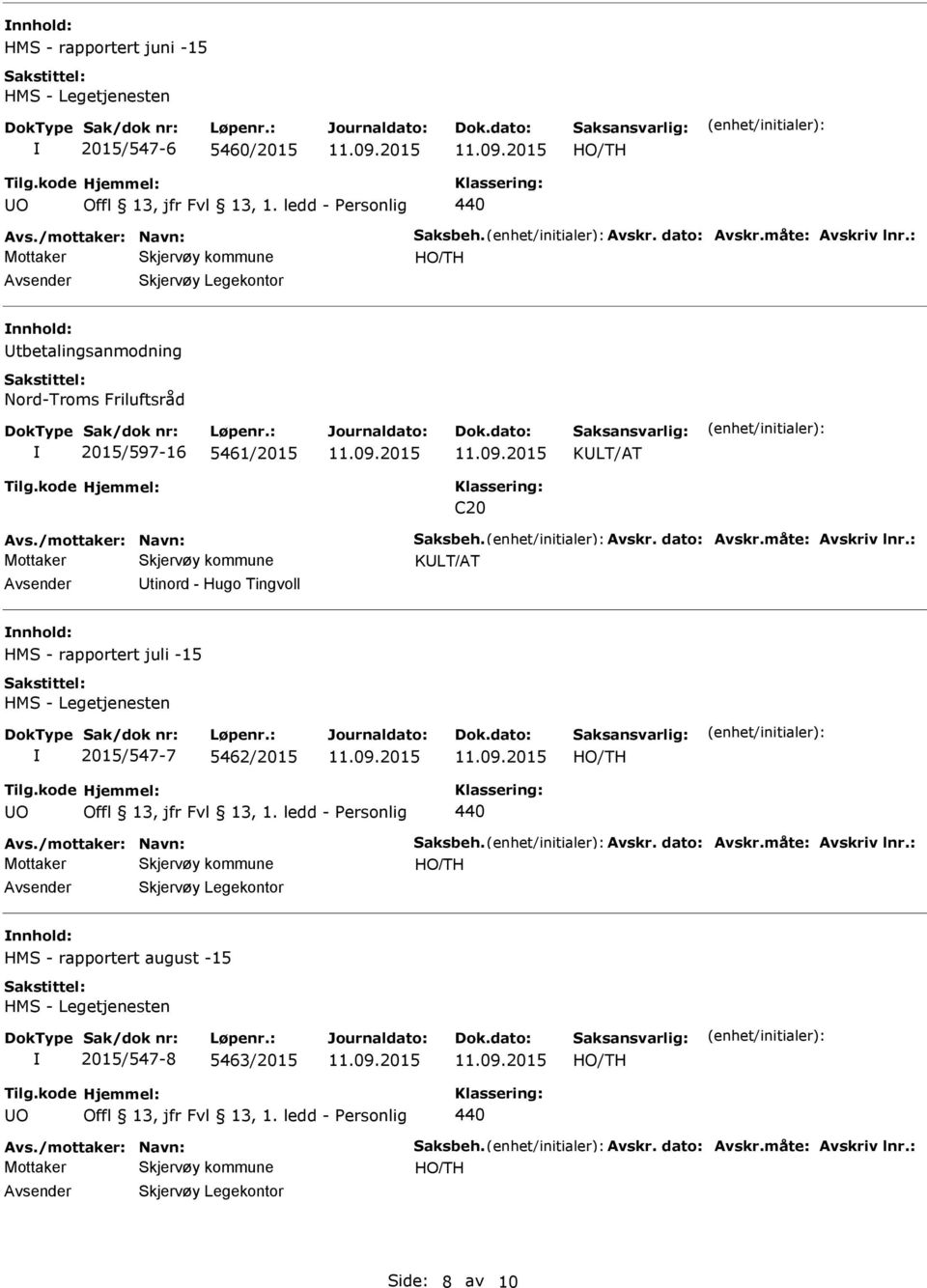 : KLT/AT tinord - Hugo Tingvoll HMS - rapportert juli -15 HMS - Legetjenesten 2015/547-7 5462/2015 O Offl 13, jfr Fvl 13, 1. ledd - Personlig 440 Avs./mottaker: Navn: Saksbeh. Avskr. dato: Avskr.