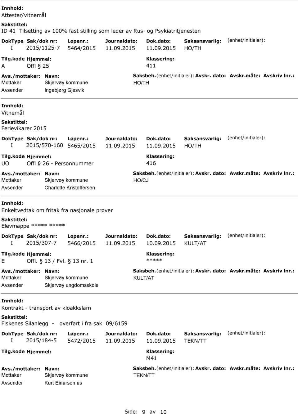 : HO/CJ Charlotte Kristoffersen Enkeltvedtak om fritak fra nasjonale prøver Elevmappe ***** ***** 2015/307-7 5466/2015 KLT/AT E Offl. 13 / Fvl. 13 nr. 1 ***** Avs./mottaker: Navn: Saksbeh. Avskr.