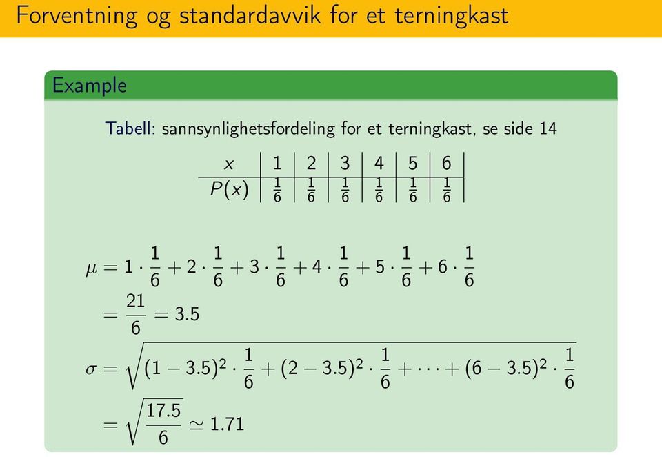 1 1 1 1 1 P(x) 6 6 6 6 6 6 µ = 1 1 6 + 2 1 6 + 3 1 6 + 4 1 6 + 5 1 6 +