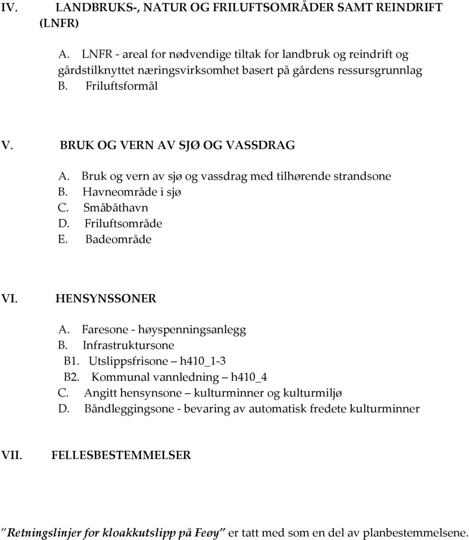 BRUK OG VERN AV SJØ OG VASSDRAG A. Bruk og vern av sjø og vassdrag med tilhørende strandsone B. Havneområde i sjø C. Småbåthavn D. Friluftsområde E. Badeområde VI. HENSYNSSONER A.