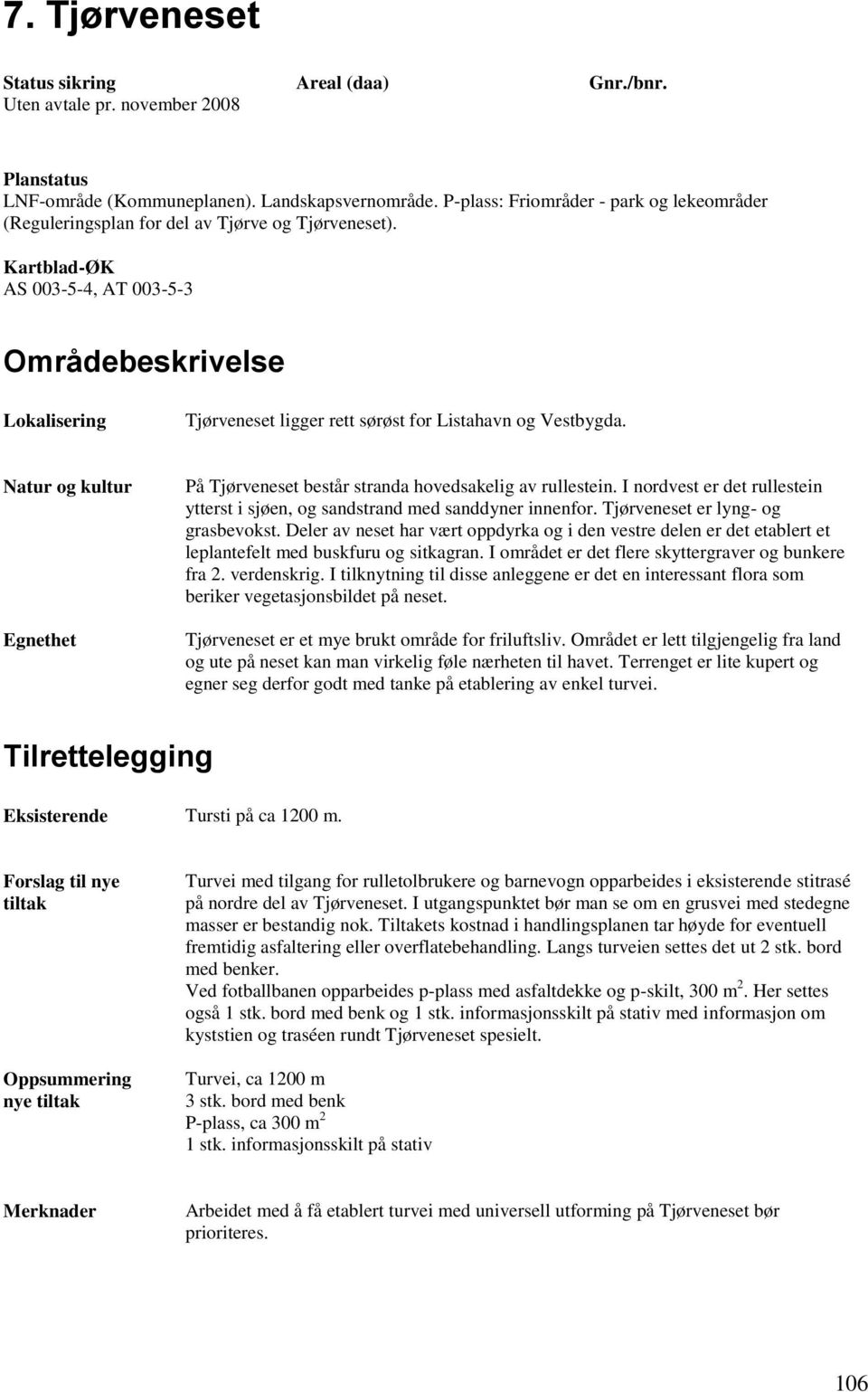Kartblad-ØK AS 003-5-4, AT 003-5-3 Områdebeskrivelse Lokalisering Tjørveneset ligger rett sørøst for Listahavn og Vestbygda.