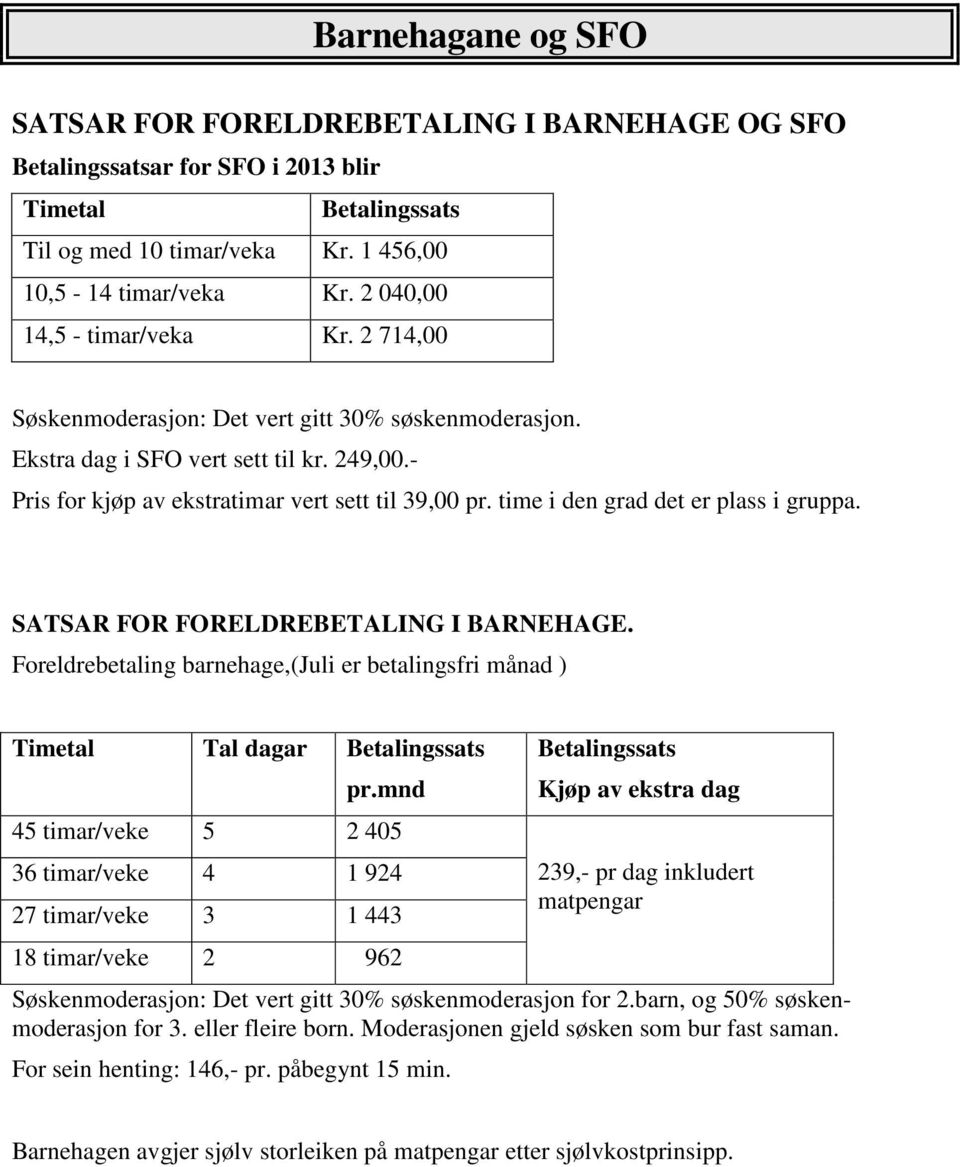 time i den grad det er plass i gruppa. SATSAR FOR FORELDREBETALING I BARNEHAGE. Foreldrebetaling barnehage,(juli er betalingsfri månad ) Timetal Tal dagar Betalingssats pr.