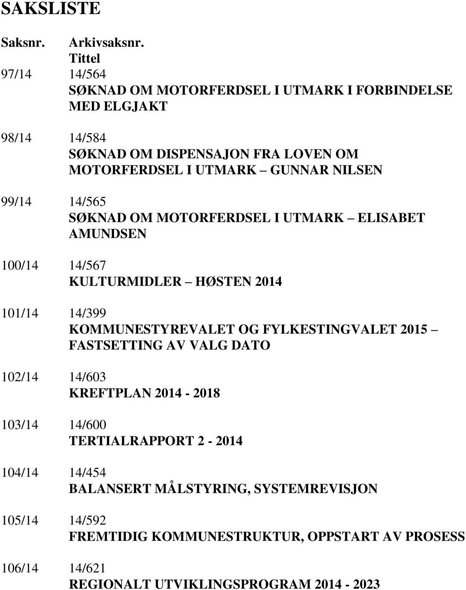 GUNNAR NILSEN 99/14 14/565 SØKNAD OM MOTORFERDSEL I UTMARK ELISABET AMUNDSEN 100/14 14/567 KULTURMIDLER HØSTEN 2014 101/14 14/399 KOMMUNESTYREVALET OG