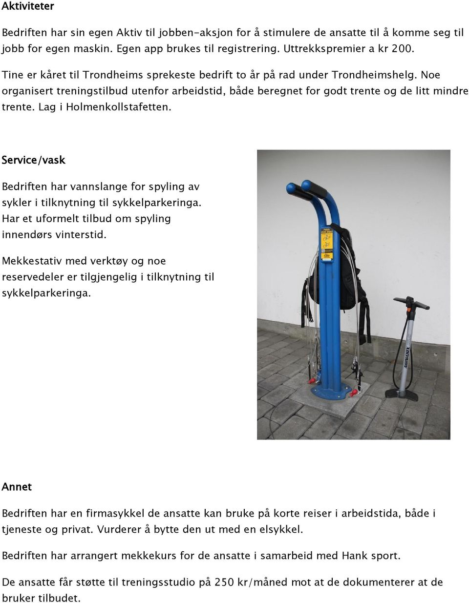 Lag i Holmenkollstafetten. Service/vask Bedriften har vannslange for spyling av sykler i tilknytning til sykkelparkeringa. Har et uformelt tilbud om spyling innendørs vinterstid.
