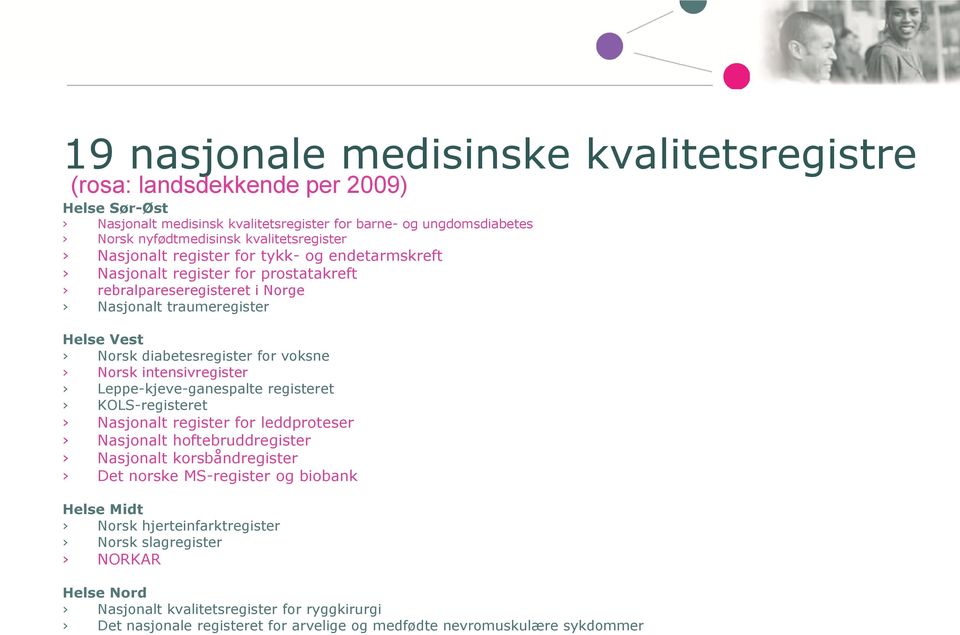 for voksne Norsk intensivregister Leppe-kjeve-ganespalte registeret KOLS-registeret Nasjonalt register for leddproteser Nasjonalt hoftebruddregister Nasjonalt korsbåndregister Det norske