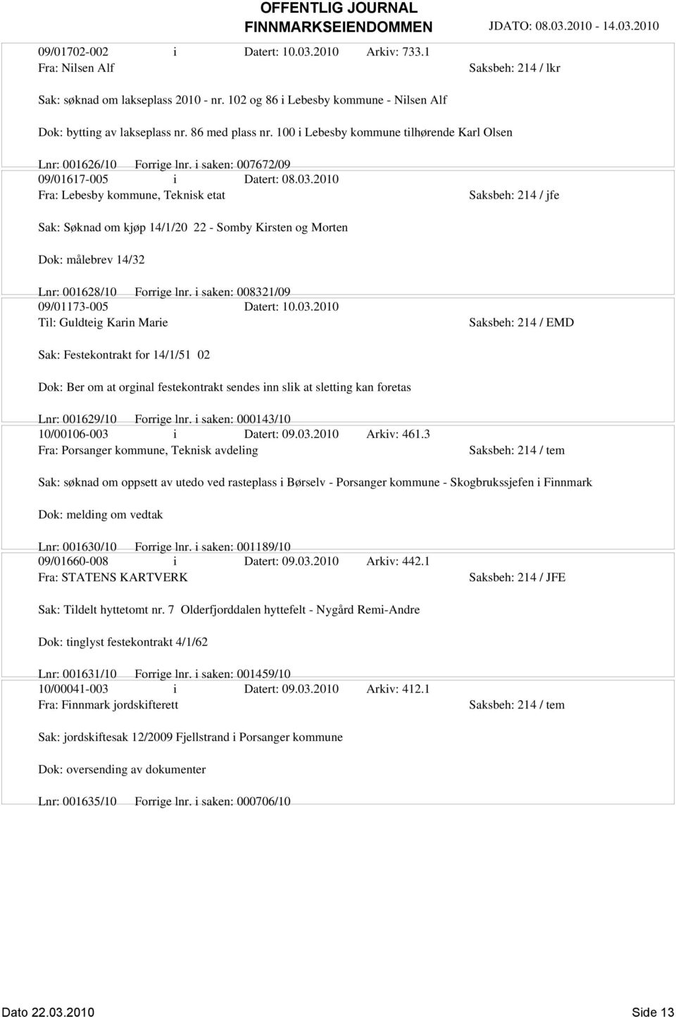 2010 Fra: Lebesby kommune, Teknisk etat Sak: Søknad om kjøp 14/1/20 22 - Somby Kirsten og Morten Dok: målebrev 14/32 Lnr: 001628/10 Forrige lnr. i saken: 008321/09 09/01173-005 Datert: 10.03.