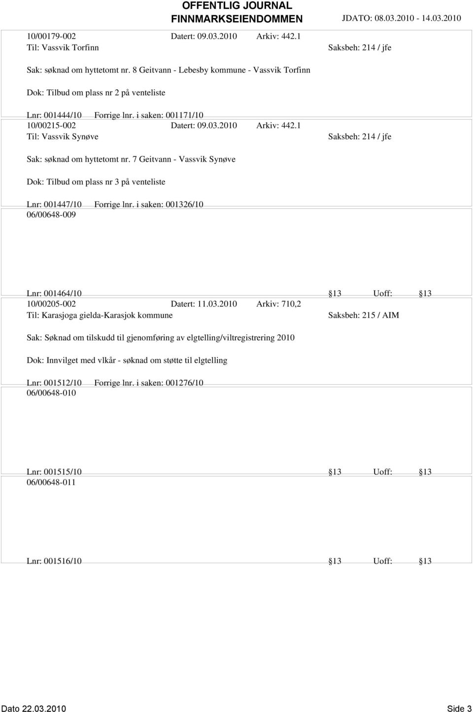 1 Til: Vassvik Synøve Sak: søknad om hyttetomt nr. 7 Geitvann - Vassvik Synøve Dok: Tilbud om plass nr 3 på venteliste Lnr: 001447/10 Forrige lnr.