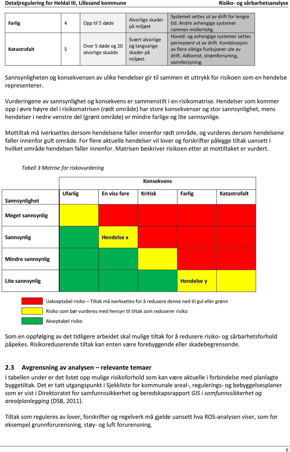 Sannsynligheten og konsekvensen av ulike hendelser gir til sammen et uttrykk for risikoen som en hendelse representerer. Vurderingene av sannsynlighet og konsekvens er sammenstilt i en risikomatrise.