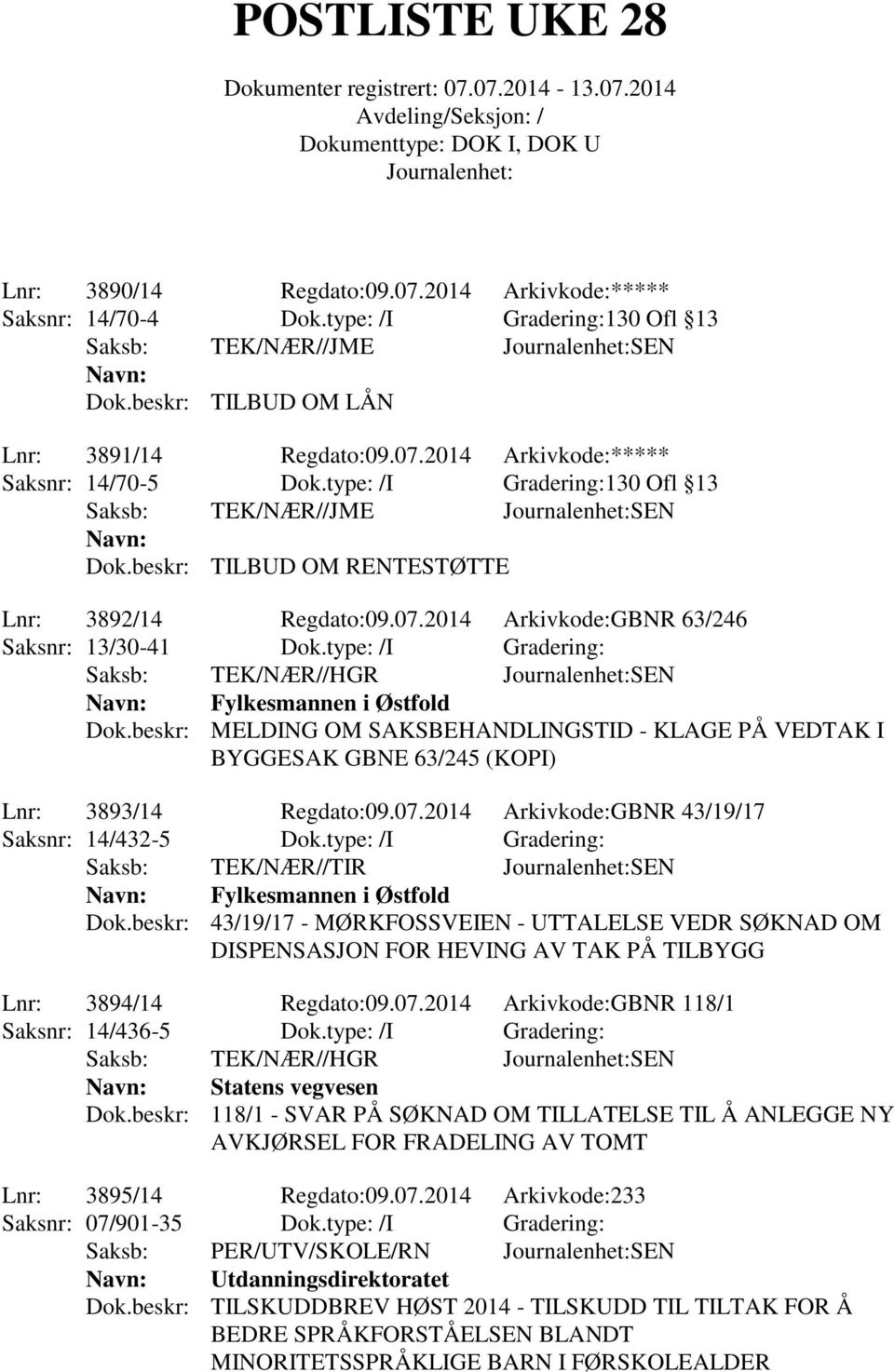 type: /I Gradering: Saksb: TEK/NÆR//HGR SEN Fylkesmannen i Østfold Dok.beskr: MELDING OM SAKSBEHANDLINGSTID - KLAGE PÅ VEDTAK I BYGGESAK GBNE 63/245 (KOPI) Lnr: 3893/14 Regdato:09.07.