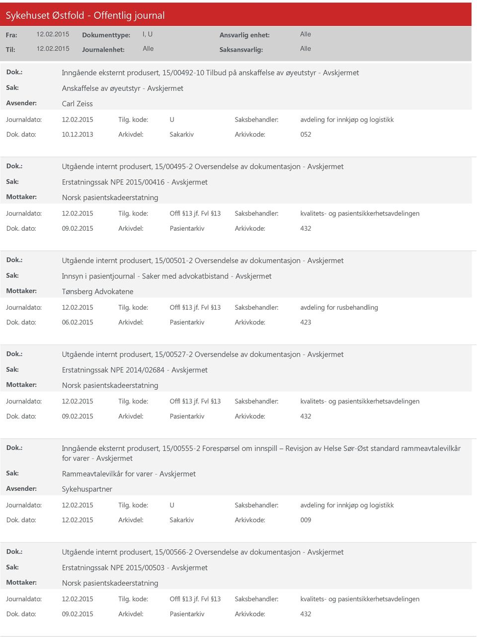 2015 Arkivdel: Pasientarkiv Arkivkode: 432 tgående internt produsert, 15/00501-2 Oversendelse av dokumentasjon - Innsyn i pasientjournal - Saker med advokatbistand - Tønsberg Advokatene avdeling for