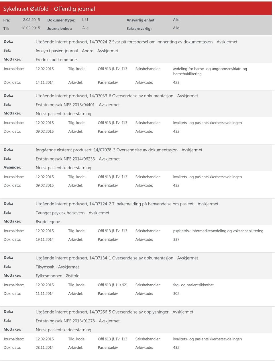 2015 Arkivdel: Pasientarkiv Arkivkode: 432 Inngående eksternt produsert, 14/07078-3 Oversendelse av dokumentasjon - Erstatningssak NPE 2014/06233 - Dok. dato: 09.02.