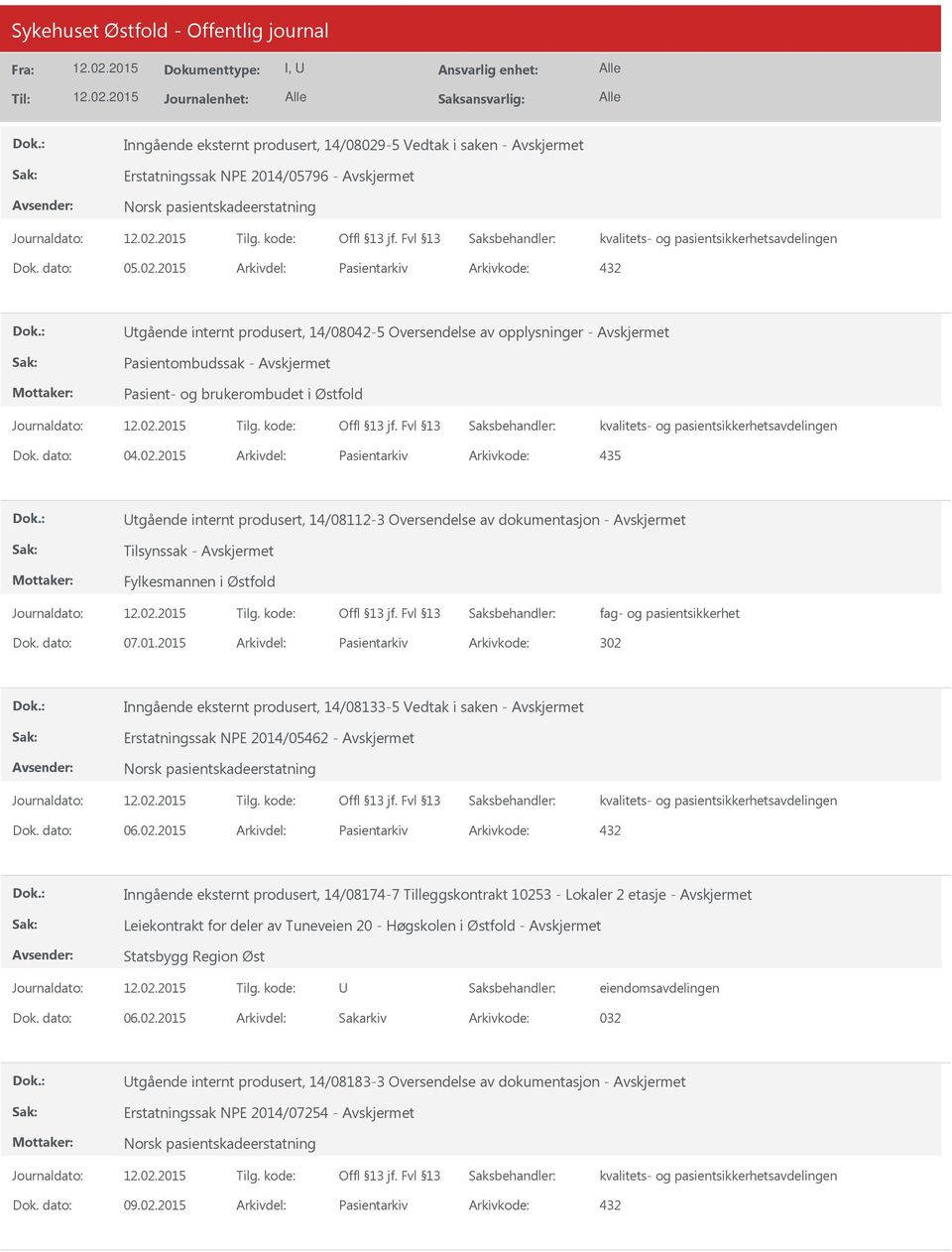 2015 Arkivdel: Pasientarkiv Arkivkode: 432 tgående internt produsert, 14/08042-5 Oversendelse av opplysninger - Pasientombudssak - Pasient- og brukerombudet i Østfold Dok. dato: 04.02.