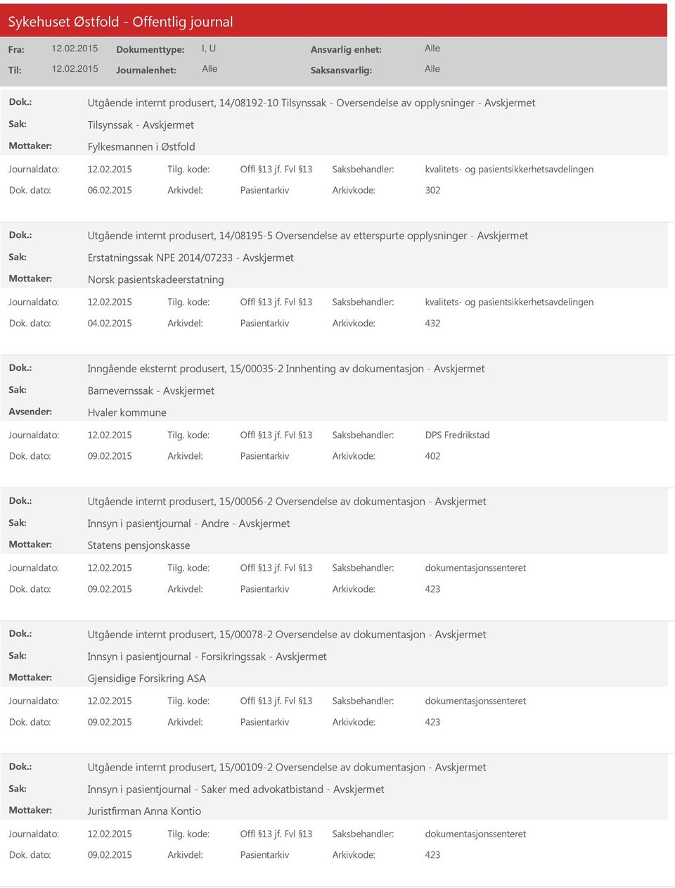 tgående internt produsert, 14/08195-5 Oversendelse av etterspurte opplysninger - Erstatningssak NPE 2014/07233 - Dok. dato: 04.02.