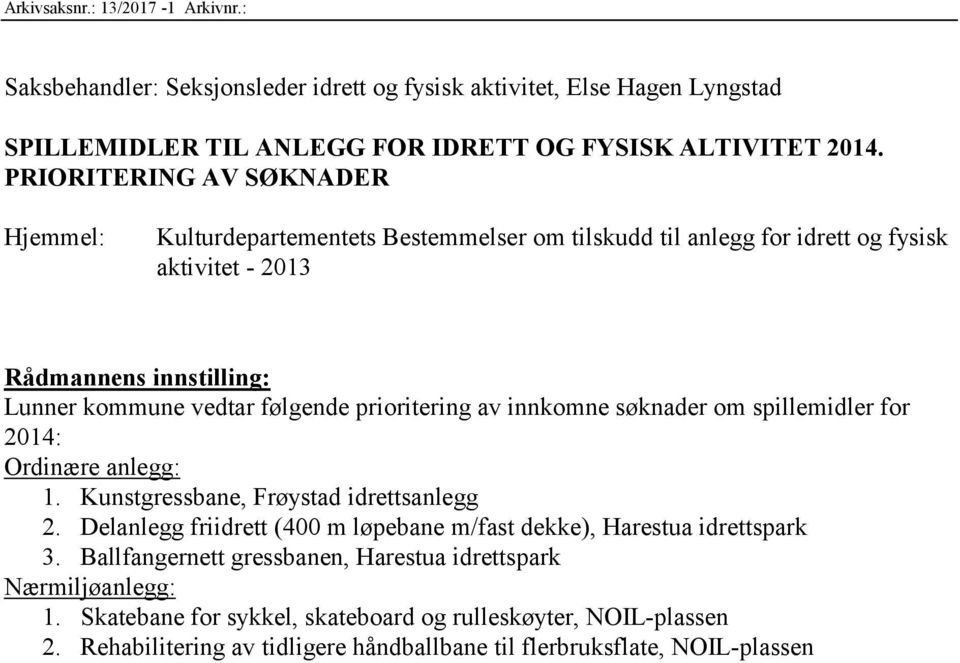 følgende prioritering av innkomne søknader om spillemidler for 2014: 1. Kunstgressbane, Frøystad idrettsanlegg 2.