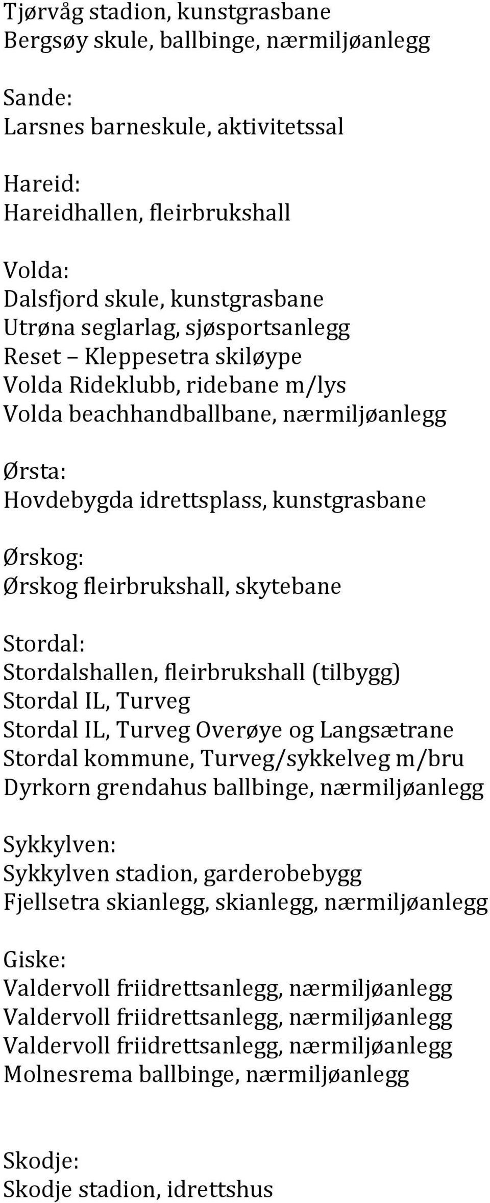 fleirbrukshall, skytebane Stordal: Stordalshallen, fleirbrukshall (tilbygg) Stordal IL, Turveg Stordal IL, Turveg Overøye og Langsætrane Stordal kommune, Turveg/sykkelveg m/bru Dyrkorn