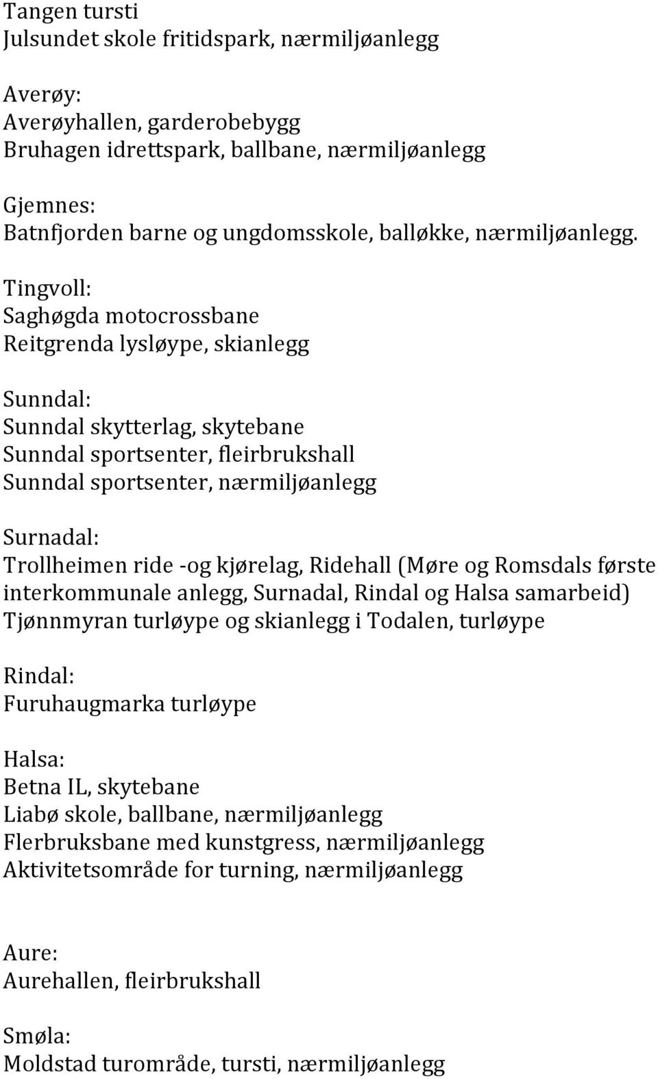 Tingvoll: Saghøgda motocrossbane Reitgrenda lysløype, skianlegg Sunndal: Sunndal skytterlag, skytebane Sunndal sportsenter, fleirbrukshall Sunndal sportsenter, nærmiljøanlegg Surnadal: Trollheimen