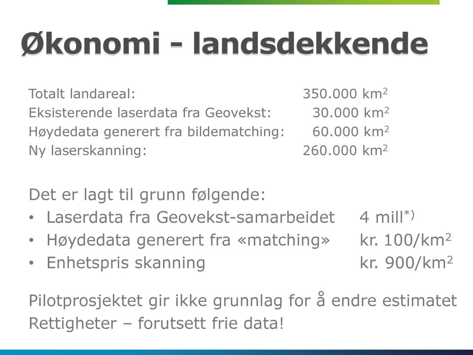 000 km 2 Det er lagt til grunn følgende: Laserdata fra Geovekst-samarbeidet 4 mill *) Høydedata generert