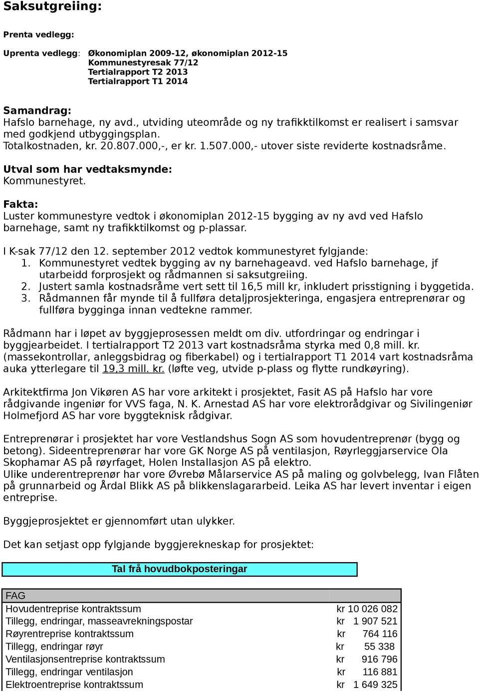 Utval som har vedtaksmynde: Kommunestyret. Fakta: Luster kommunestyre vedtok i økonomiplan 2012-15 bygging av ny avd ved Hafslo barnehage, samt ny trafikktilkomst og p-plassar. I K-sak 77/12 den 12.