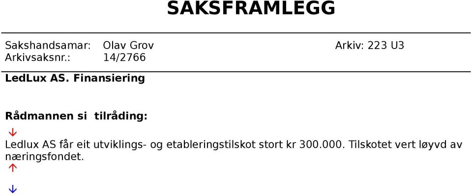 Finansiering Rådmannen si tilråding: Ledlux AS får eit