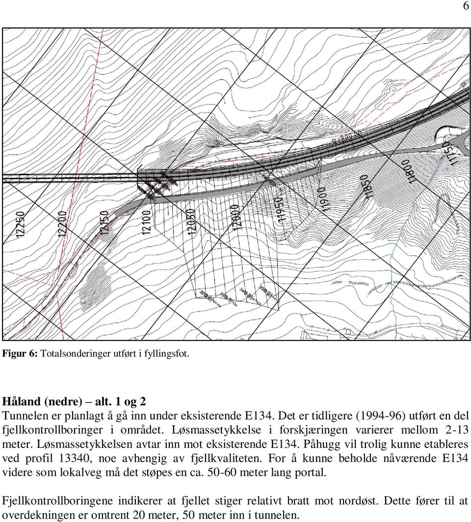 Løsmassetykkelsen avtar inn mot eksisterende E134. Påhugg vil trolig kunne etableres ved profil 13340, noe avhengig av fjellkvaliteten.