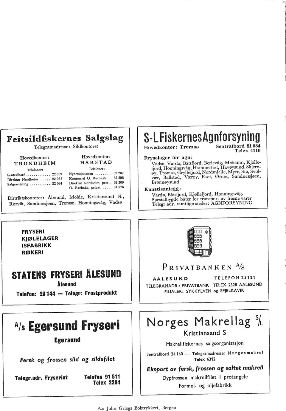 , Rørvik, Sandnessjøen, Tromsø, Honningsvåg, Vadsø S-L Fiskernes Ag nforsyni ng Hovedkontor: Tromsø Fryseager for agn: Sentrabord 8 08 Teex 0 Vadsø, Vardø, Båtsfjord, Berevåg, Mehamn, Kjøefjord,