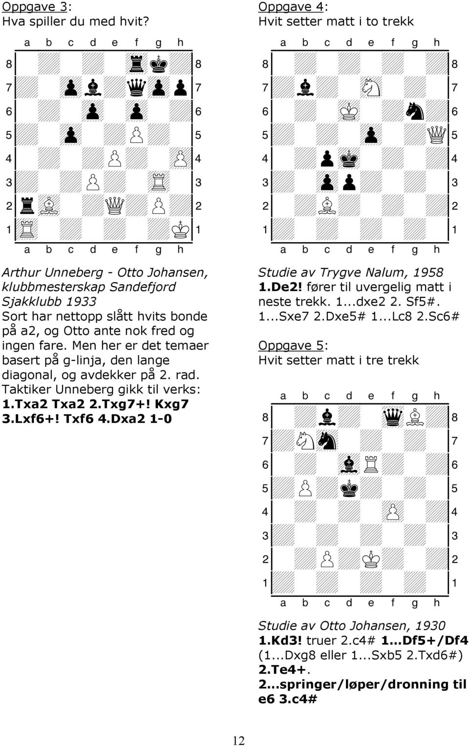 Men her er det temaer basert på g-linja, den lange diagonal, og avdekker på 2. rad. Taktiker Unneberg gikk til verks: 1.Txa2 Txa2 2.Txg7+! Kxg7 3.Lxf6+! Txf6 4.