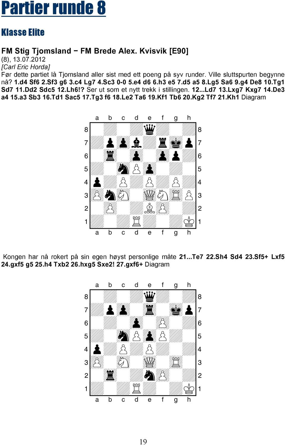 Sc3 0-0 5.e4 d6 6.h3 e5 7.d5 a5 8.Lg5 Sa6 9.g4 De8 10.Tg1 Sd7 11.Dd2 Sdc5 12.Lh6!? Ser ut som et nytt trekk i stillingen. 12...Ld7 13.Lxg7 Kxg7 14.De3 a4 15.